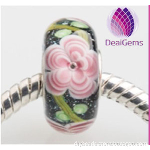 Murano big Hole Glass Beads with Pink Flower